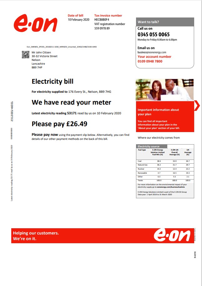 United Kingdom E.ON utility bill template in Word and PDF format, version 3 1